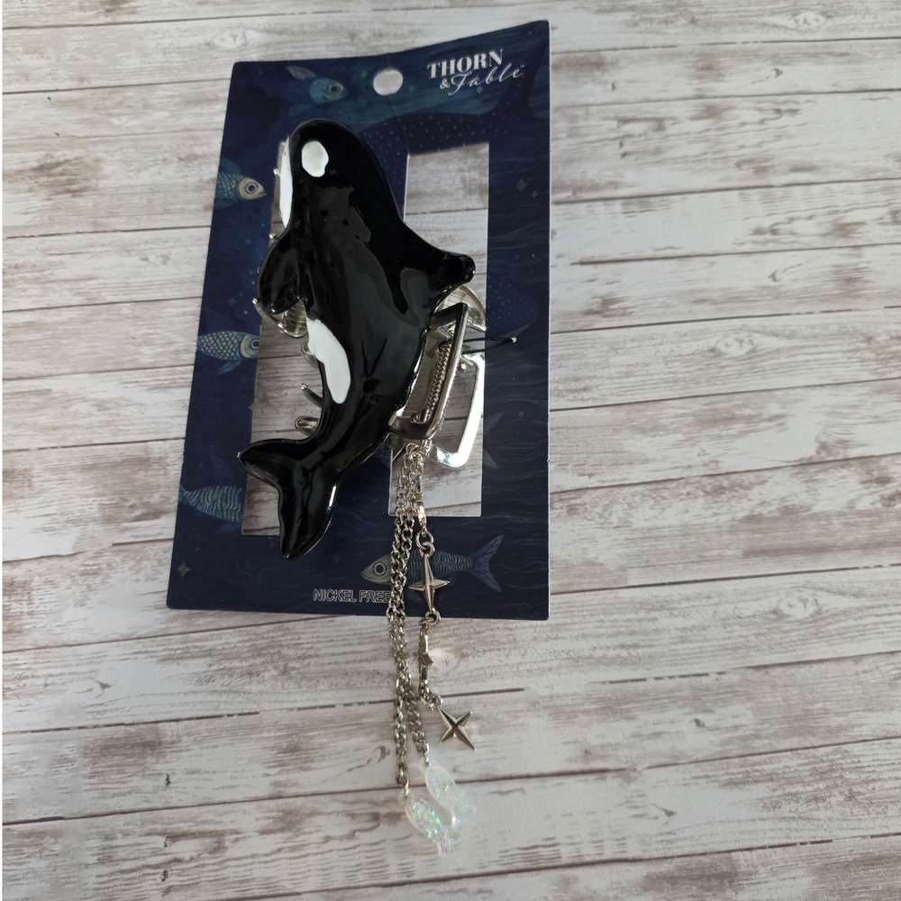 Thorn & Fable Orca Whale Hair Claw Clip Black Silver Dangle Star Charms NEW
